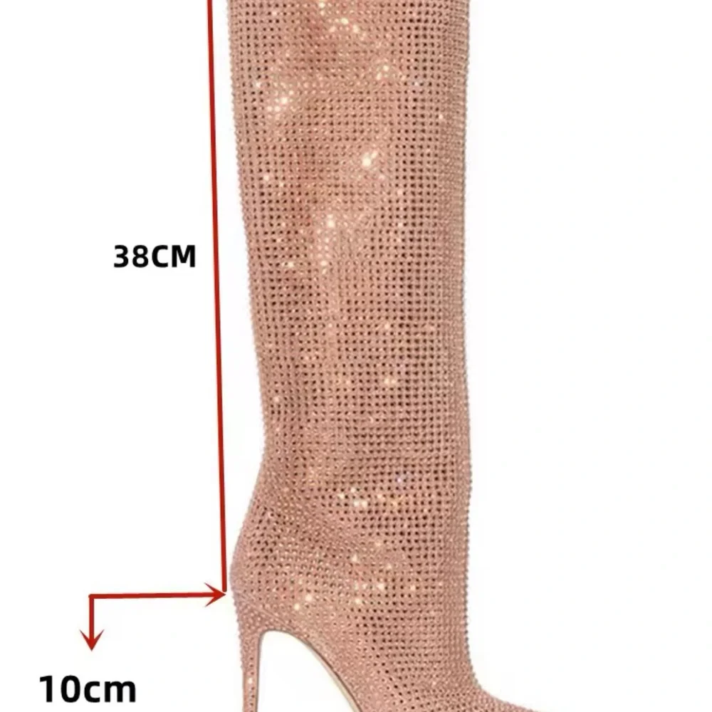 Silver Rhinestone Stiletto Women's Knee-High Boots - Picture 4 of 14
